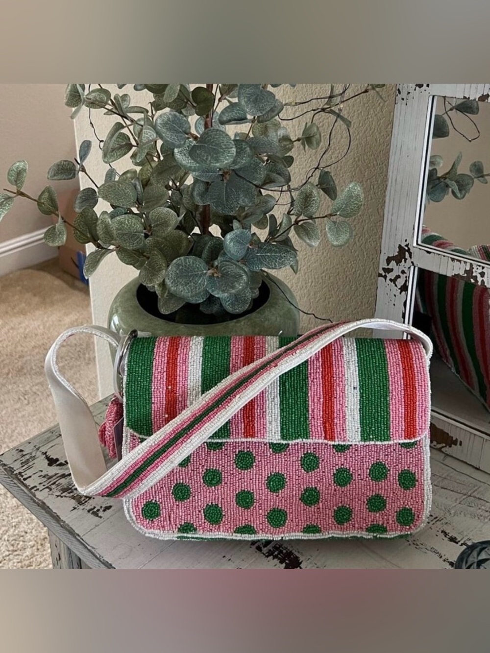 NWT Handcrafted India Beaded Purse Pink Green Striped Artsy Charm Shoulder Bag